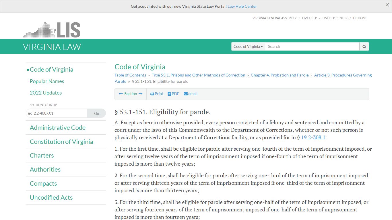 § 53.1-151. Eligibility for parole - Virginia